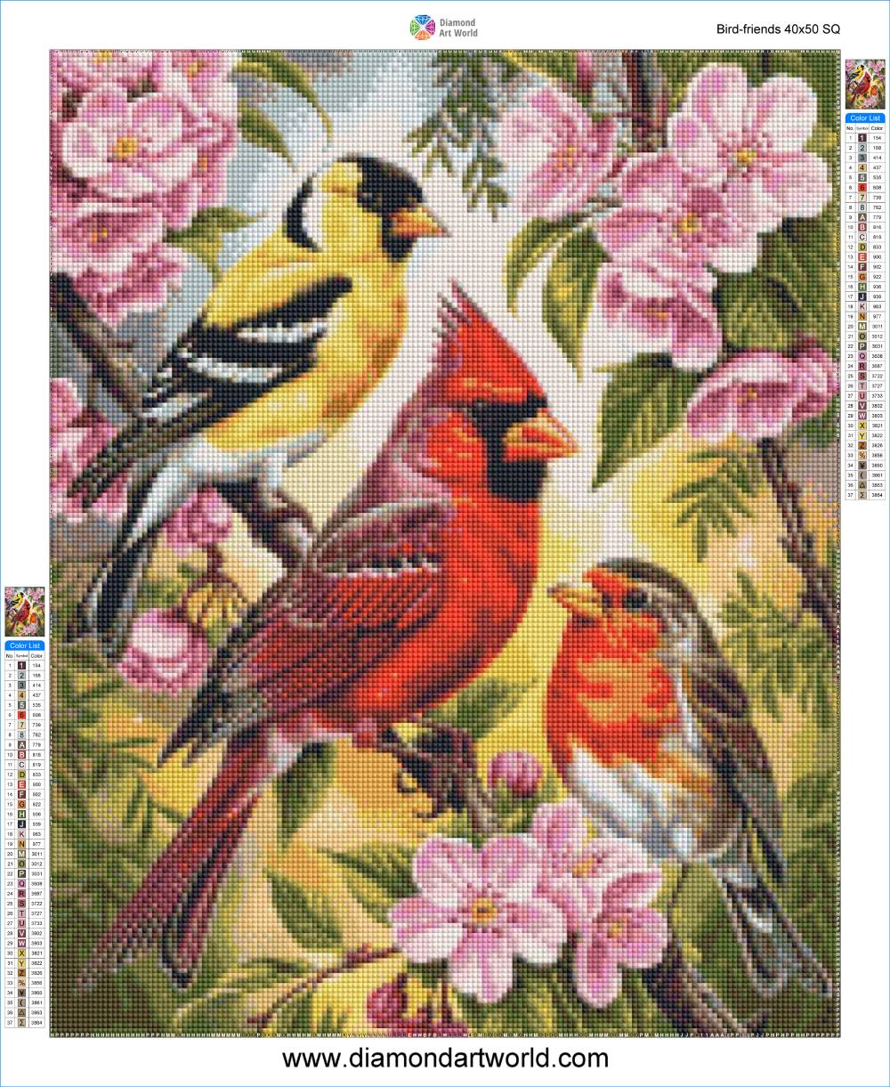 Diamond painting kit with three birds and flowers, featuring a goldfinch, cardinal, and another bird, on a floral background. Bird Friends - Diamond Painting Layout