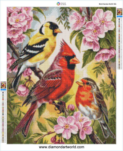 Diamond painting kit with three birds and flowers, featuring a goldfinch, cardinal, and another bird, on a floral background. Bird Friends - Diamond Painting Layout