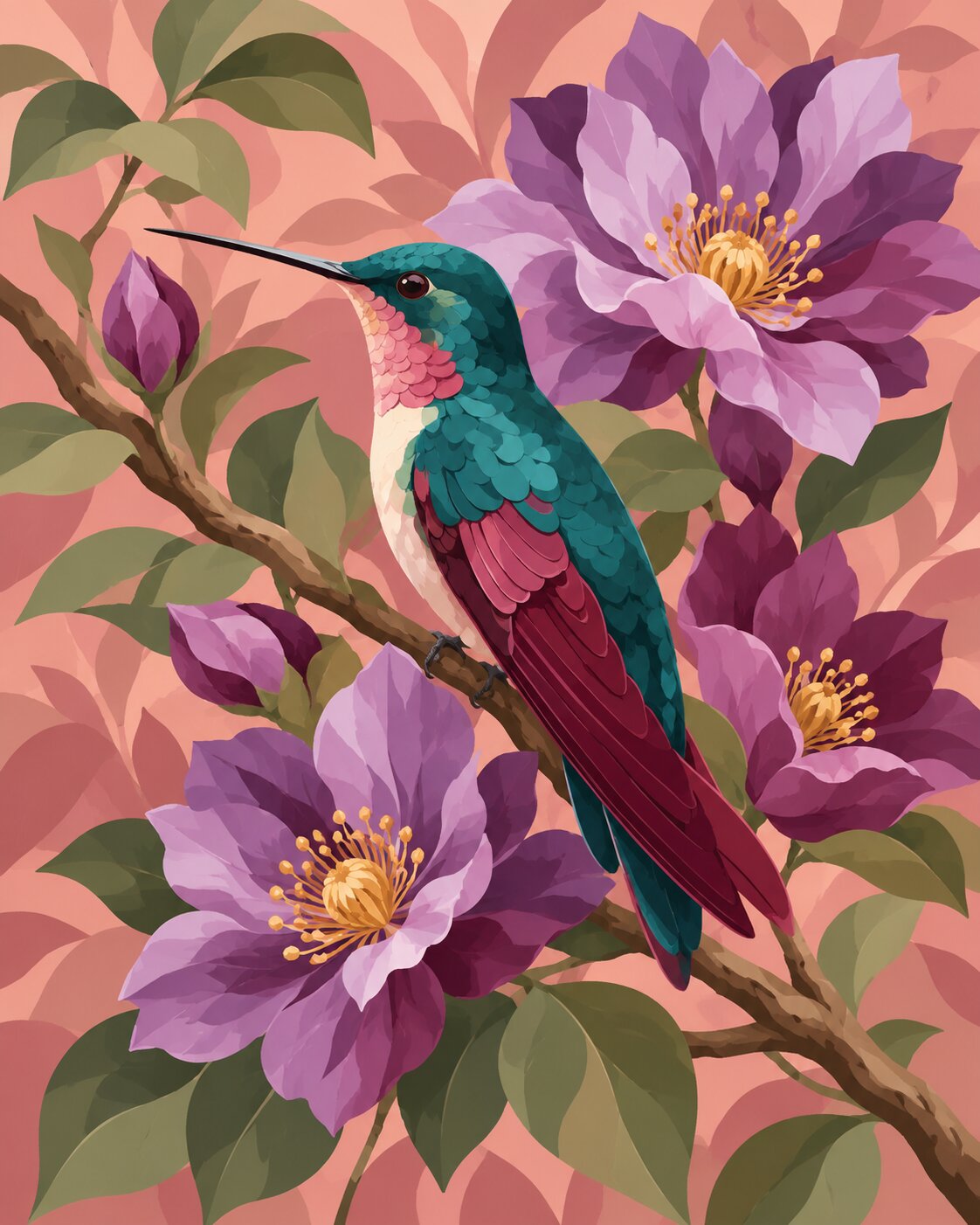Bird with Violet Flowers - Diamond Painting
