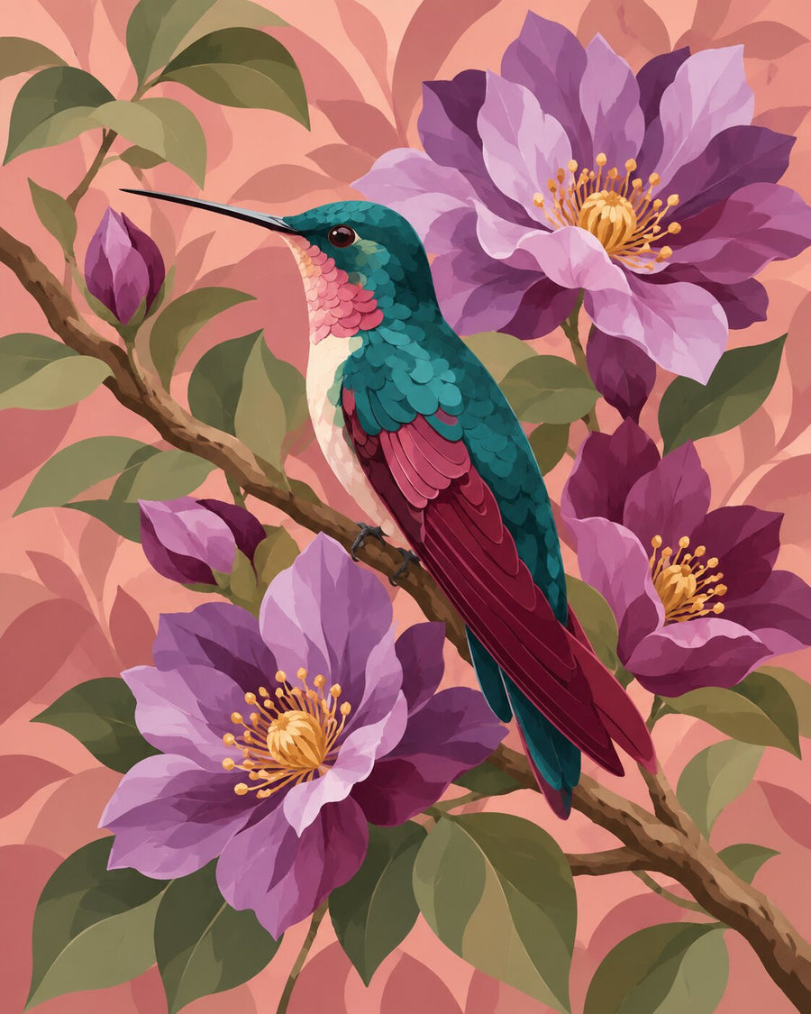 Bird with Violet Flowers – Diamond Painting