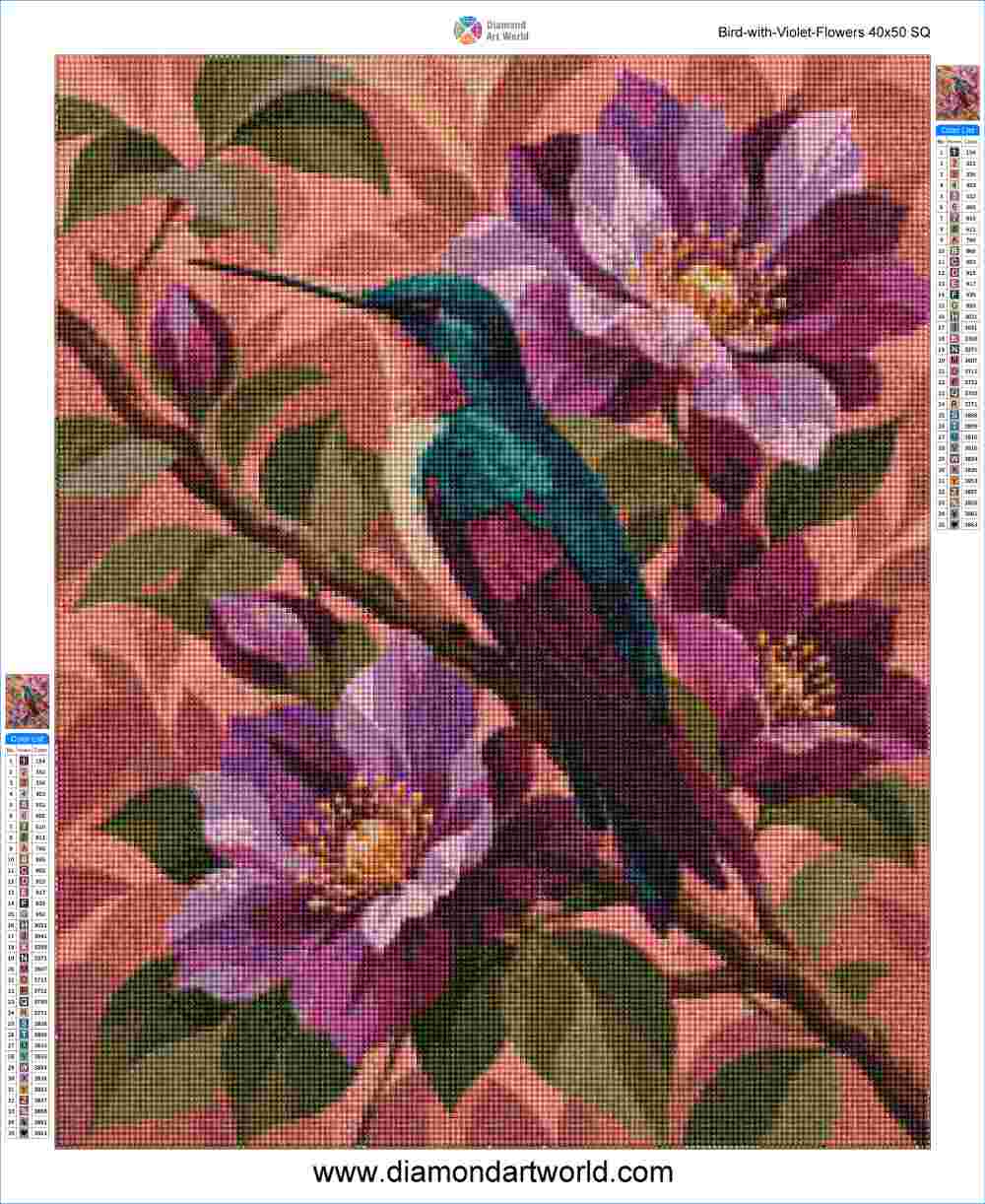 Bird with Violet Flowers - Diamond Painting Layout