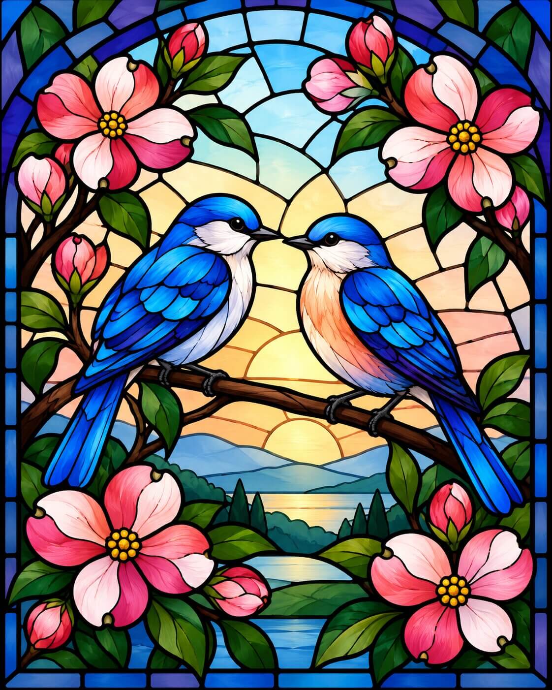 Stained glass style artwork showing two blue birds facing each other on branches, surrounded by pink flowers and green leaves, with a sunlit landscape and blue sky in the background. Birds Stained Glass - Diamond painting