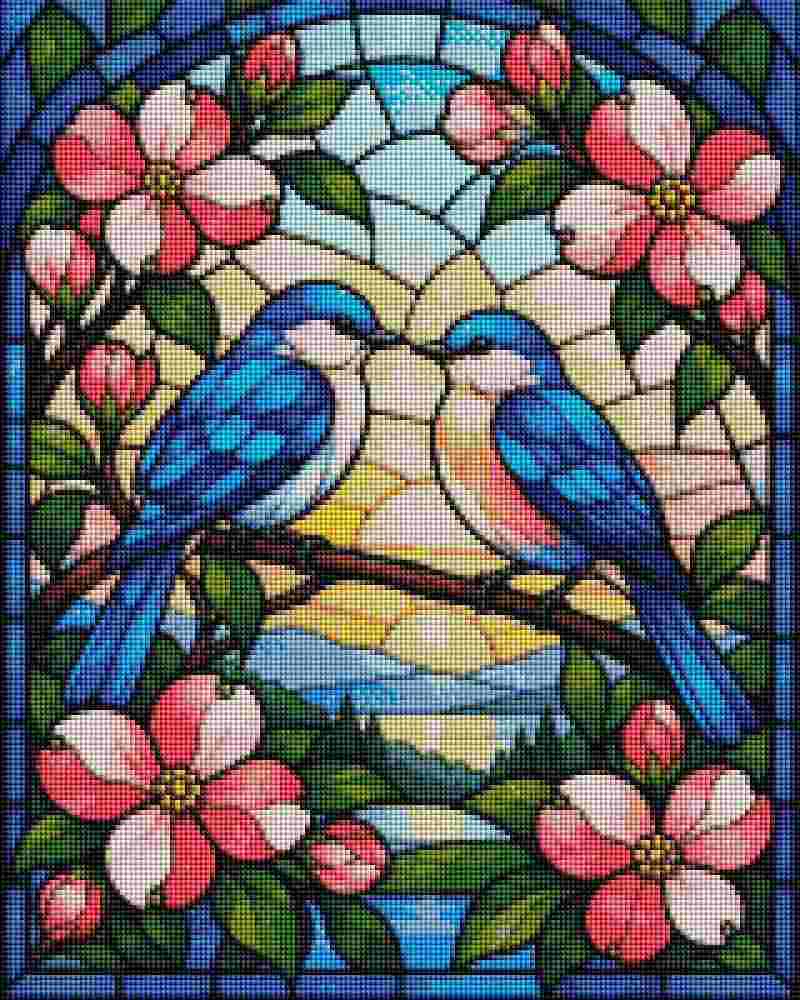 Stained glass style artwork showing two blue birds facing each other on branches with pink and white flowers and green leaves, set against a multicolored arched window background. Birds Stained Glass - Diamond painting
