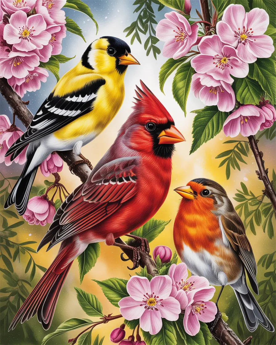 Three birds (a yellow finch, a red cardinal, and a brown sparrow) perched on branches with pink flowers. Bird Friends - Diamond Painting Kit