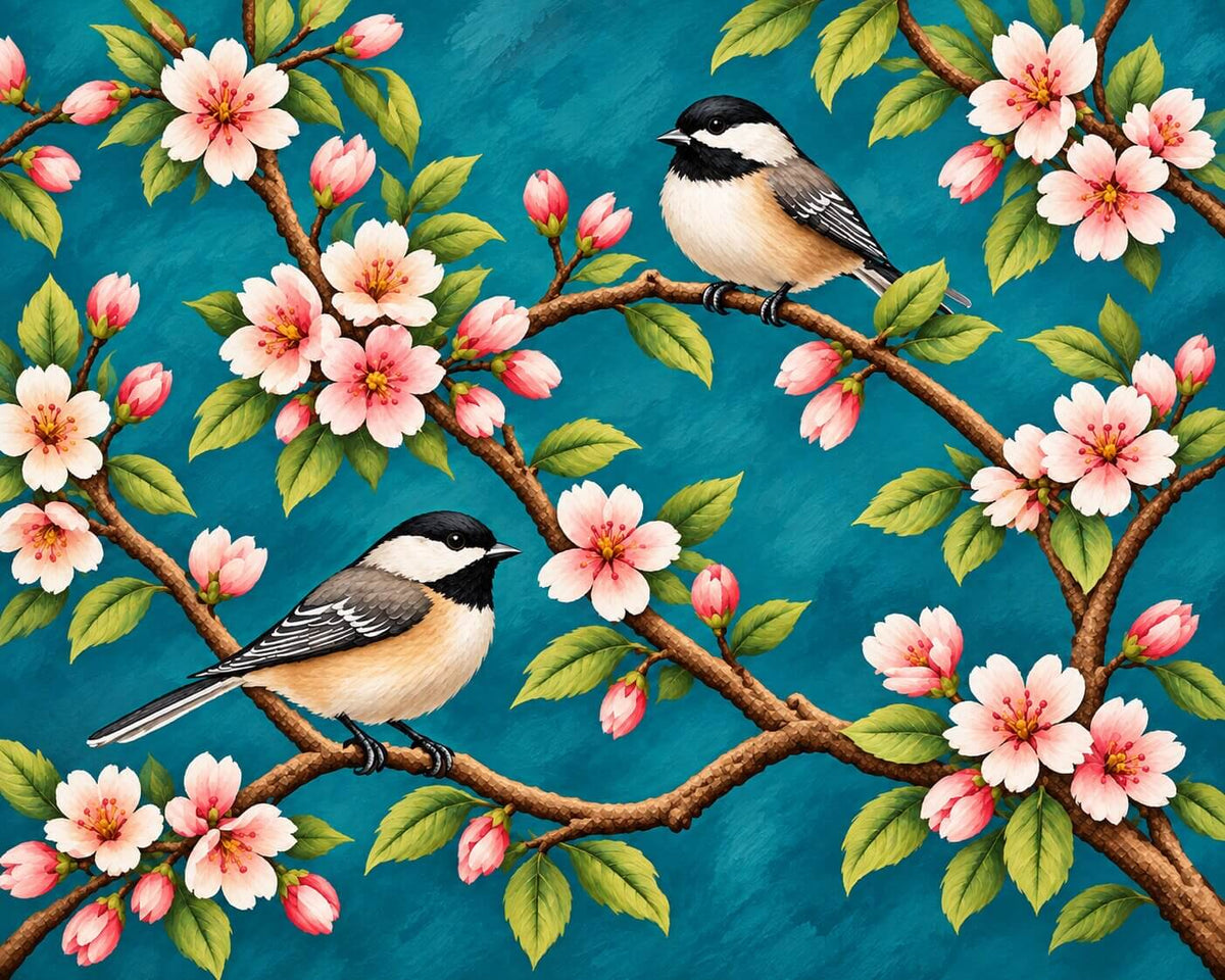 A decorative floral pattern featuring two black-capped chickadees perched on brown branches with pink blossoms and green leaves against a textured teal-blue background. Birds in Tree - Diamond Painting