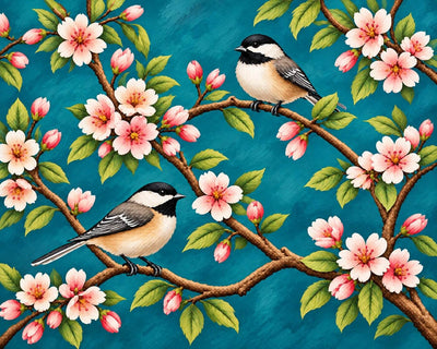 A decorative floral pattern featuring two black-capped chickadees perched on brown branches with pink blossoms and green leaves against a textured teal-blue background. Birds in Tree - Diamond Painting