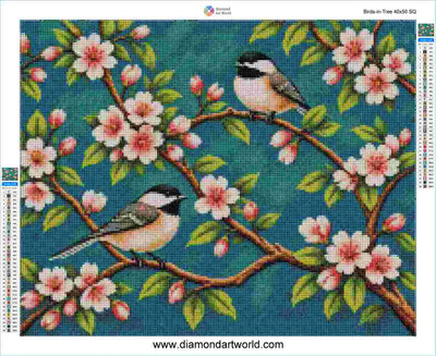 A canvas design featuring two small birds perched on flowering branches against a teal-blue background. The artwork includes pink blossoms, green leaves, and brown branches.  Birds in Tree - Diamond Painting Layout