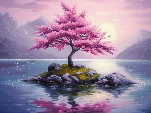 A stylized landscape artwork showing a pink flowering tree on a small rocky island in calm water, with mountains and a glowing sun in the background. Wonderful Blooming Cherry Tree - Diamond Painting