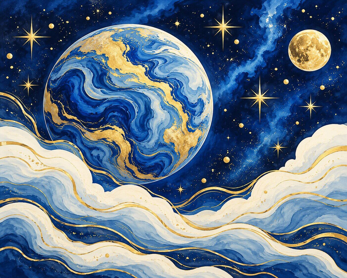 A stylized celestial artwork showing a blue and gold marbled Earth, a golden moon, and glowing stars against a deep blue starry sky, with flowing white and gold clouds across the lower portion. Blue Universe - Diamond Painting