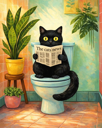 Black cat reading a newspaper on a toilet in a bathroom setting with plants. Busy Bathroom Cat - Diamond Painting