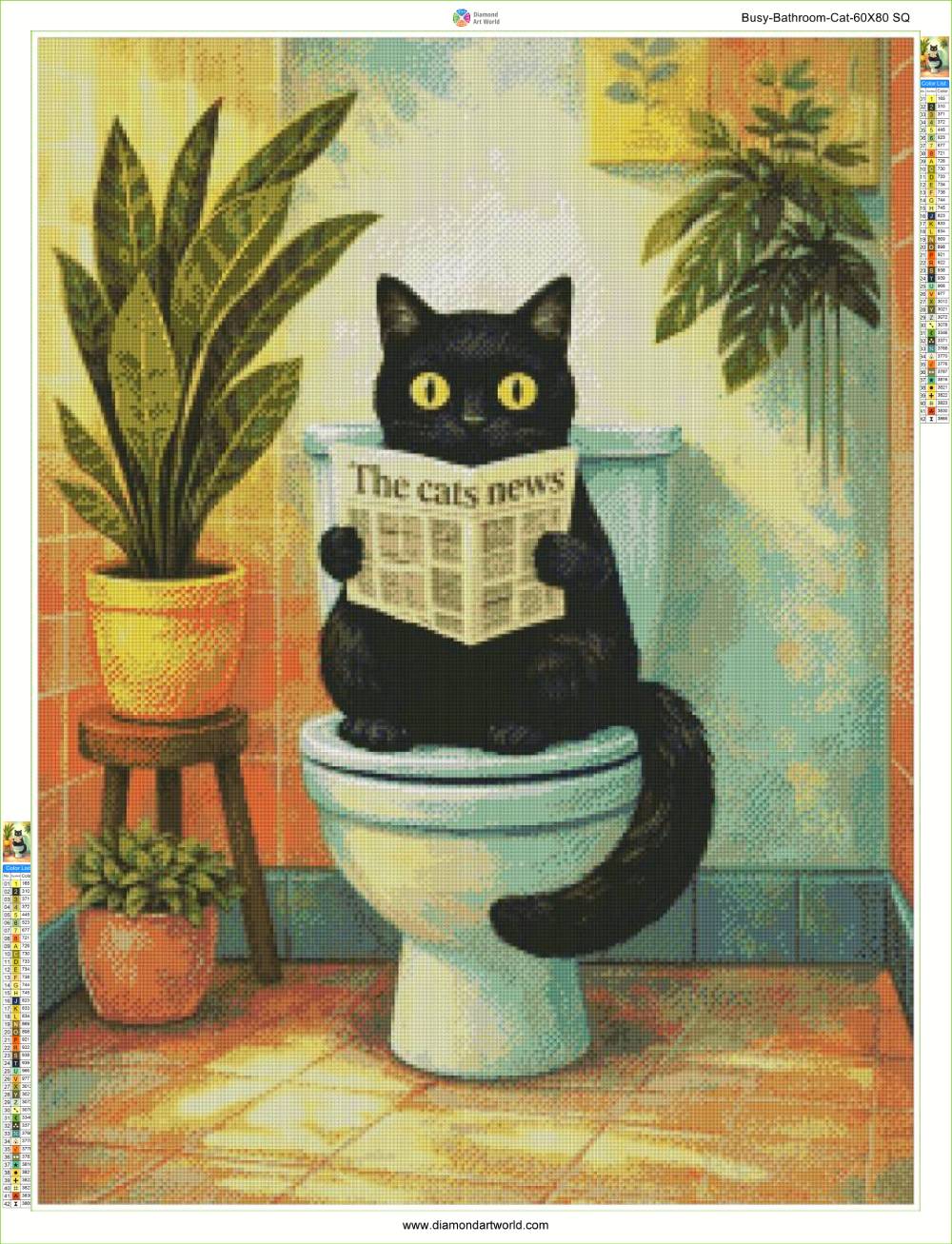 Cat sitting on a toilet reading a newspaper titled 'The Cat's News' in a bathroom setting. Busy Bathroom Cat - Diamond Painting Layout