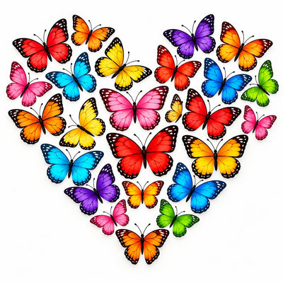 A heart-shaped arrangement of colorful illustrated butterflies on a plain white background. Butterfly Heart - Diamond Painting