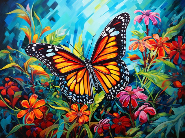 Vibrant painting of a monarch butterfly with orange, yellow, black, and white wings, surrounded by colorful flowers and green leaves against a bright blue background. Tropical Cow Holiday - Diamond Art World