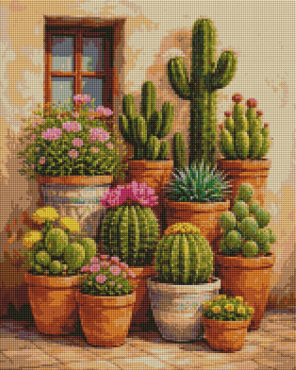 Collection of potted cacti and succulents in front of a window. Cactus Garden - Diamond Art