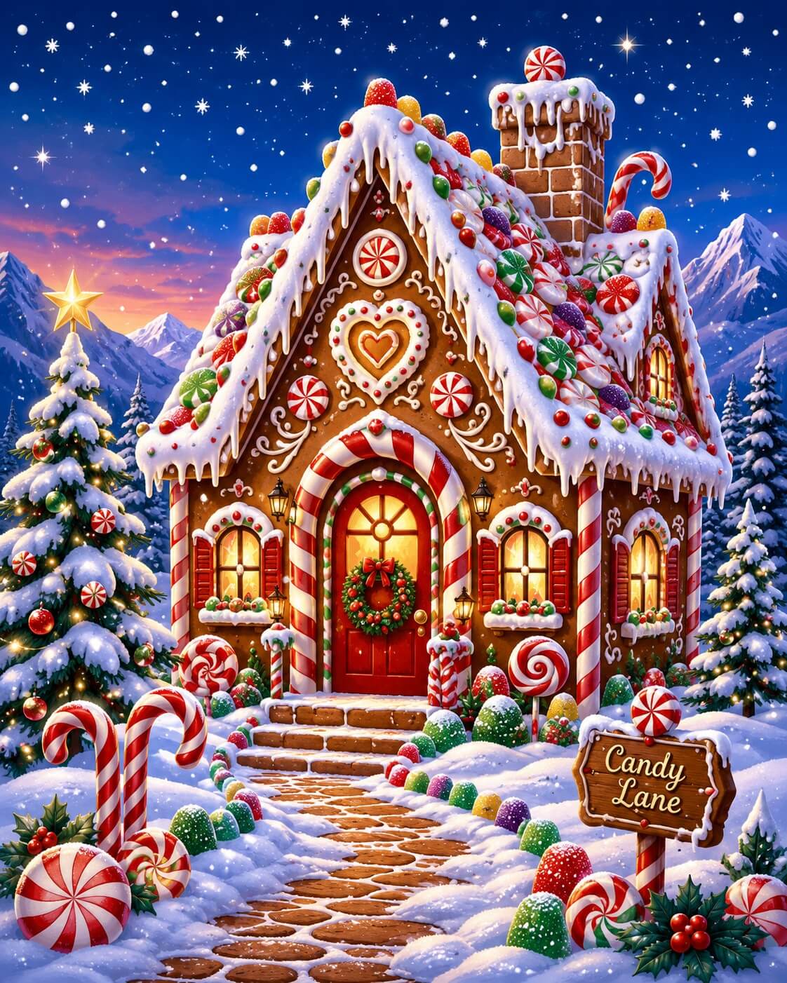 A festive gingerbread house decorated like a candy shop, surrounded by snow, candy canes, pine trees, and mountains under a starry night sky. A wooden sign in the foreground reads 'Candy Lane'. Candy Winter House - Diamond Painting