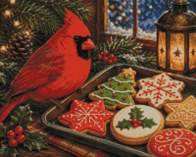A festive holiday scene with a red cardinal perched beside a tray of decorated Christmas cookies, evergreen branches, pinecones, and a glowing lantern near a window. Cardinal Christmas Eve - Diamond Art