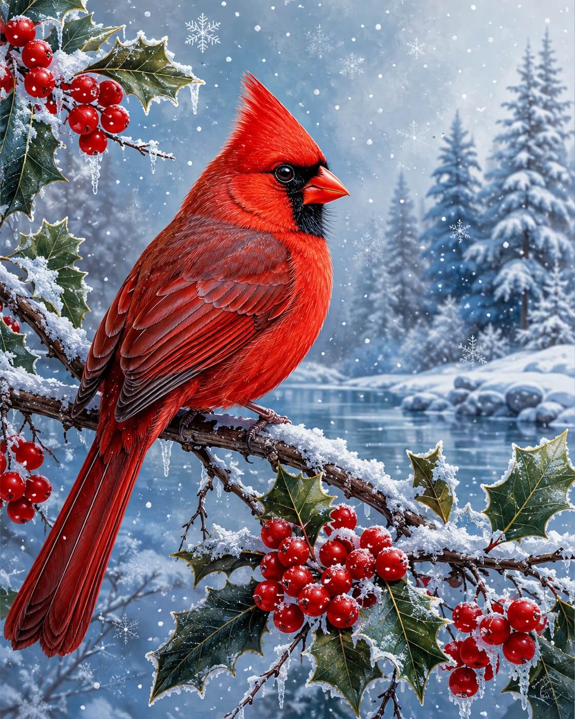 A bright red cardinal perched on a snow-covered branch with holly leaves and red berries, set against a snowy winter landscape with pine trees and falling snow. Winter Cardinal Perch - Diamond Painting