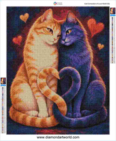 A diamond painting design titled 'Cat Connection of Love 40x50 SQ' featuring two cats sitting side by side, one orange and white and the other purple and blue, with hearts floating in the background. The brand 'Diamond Art World' is visible at the top and bottom.