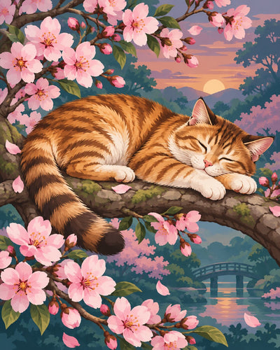 Cat in Cherry Blossom - Diamond Painting