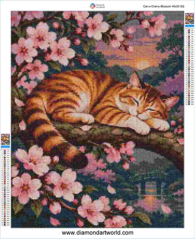 Cat in Cherry Blossom - Diamond Painting Layout