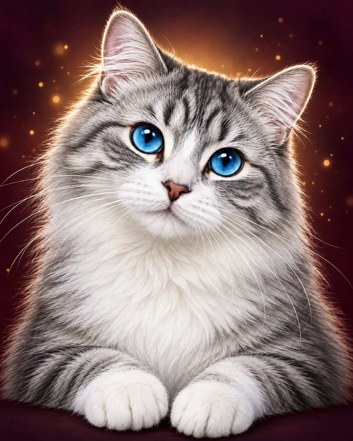 A fluffy long-haired cat with gray and white fur and bright blue eyes, posed against a dark warm background with glowing light effects. Cat with Blue Eyes - Diamond Painting
