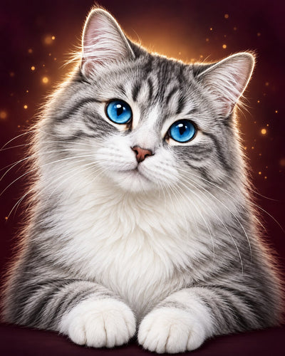 A fluffy long-haired cat with gray and white fur and bright blue eyes, posed against a dark warm background with glowing light effects. Cat with Blue Eyes - Diamond Painting