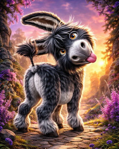 Cartoon donkey in a fantasy landscape with purple flowers and rocks. Cheeky Little Donkey - Diamond Painting