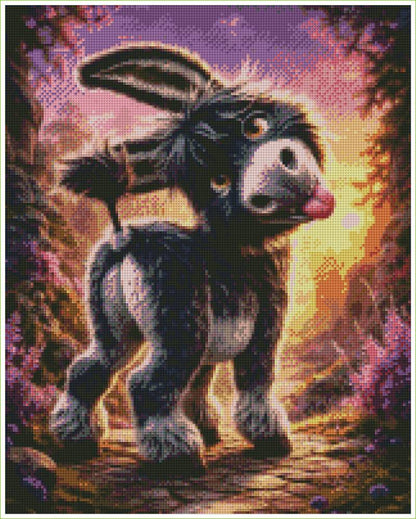 Cartoon donkey with a pink nose in a fantasy landscape. Cheeky Little Donkey - Diamond Art World