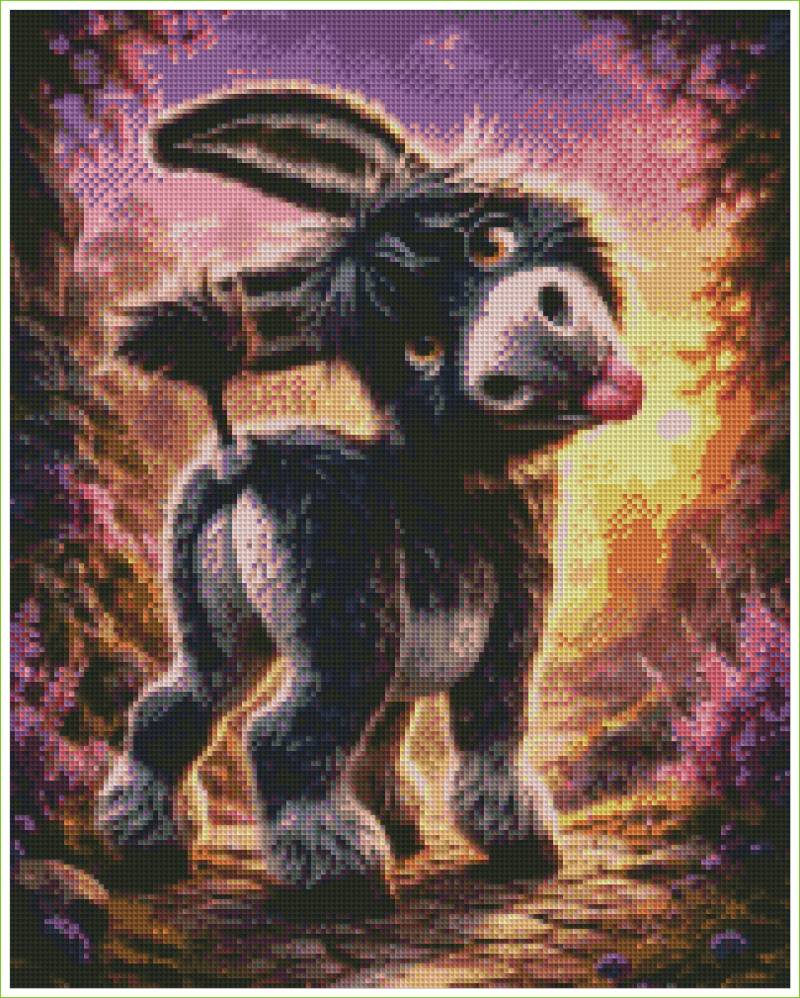 Cartoon donkey with a pink nose in a fantasy landscape. Cheeky Little Donkey - Diamond Art World