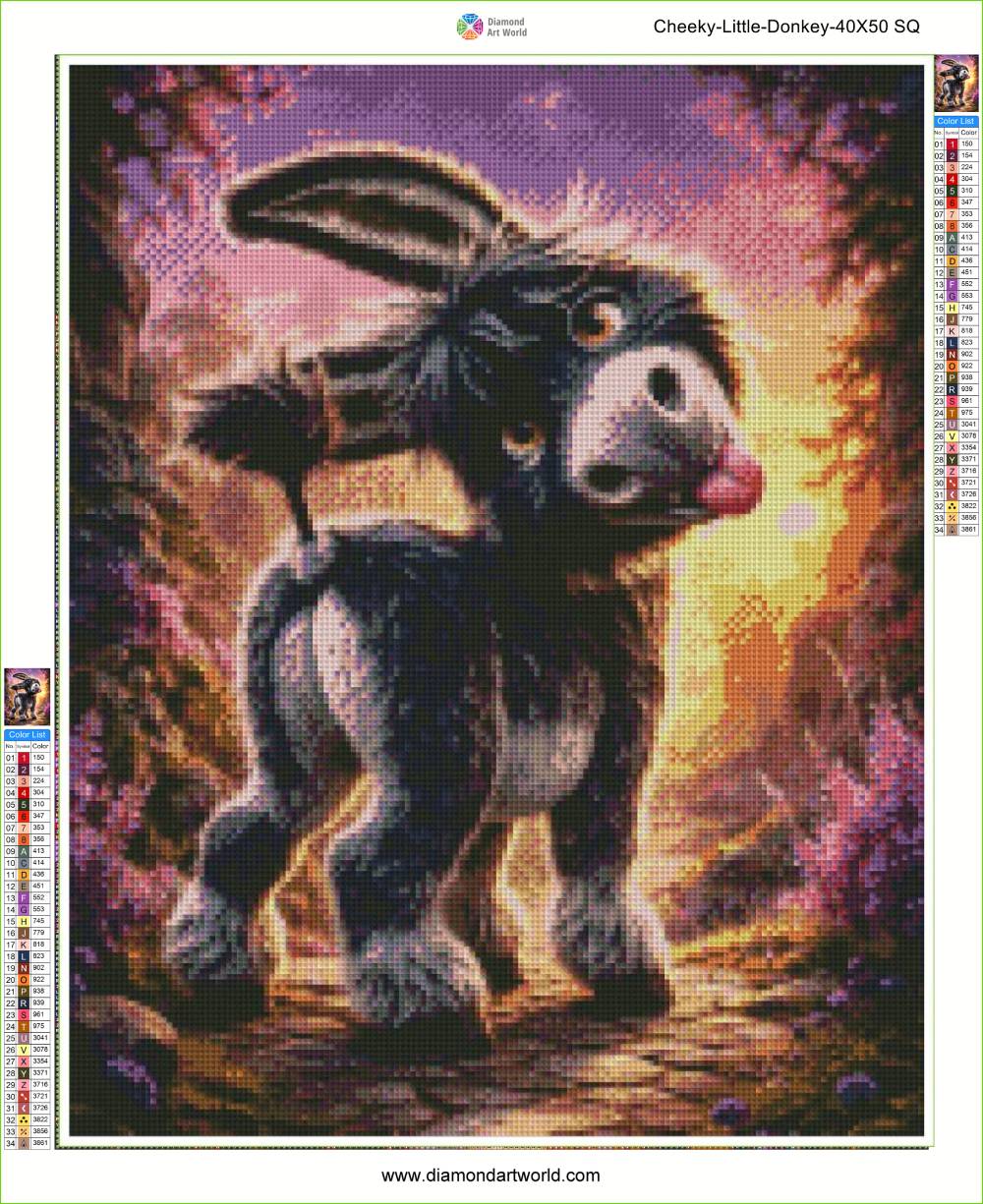 Diamond painting of a donkey in a fantasy landscape with a castle in the background. Cheeky Little Donkey - Diamond painting layout