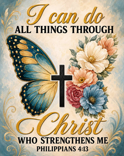 Religious wall art print featuring the Bible verse Philippians 4:13: 'I can do ALL THINGS THROUGH Christ WHO STRENGTHENS ME'. The design includes a blue and gold butterfly, a black cross, and a cluster of cream, pink, and blue flowers on a textured light blue background with decorative gold flourishes. Christ Strengthens Me - Diamond Painting