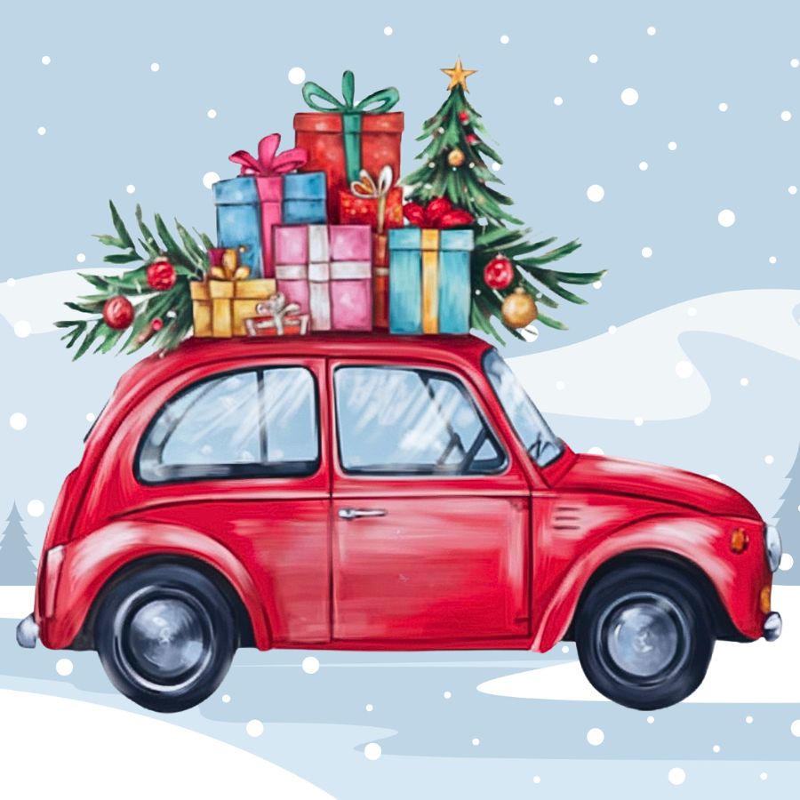 Red car with Christmas gifts and tree on a snowy background. Christmas Car Journey - Diamond Painting