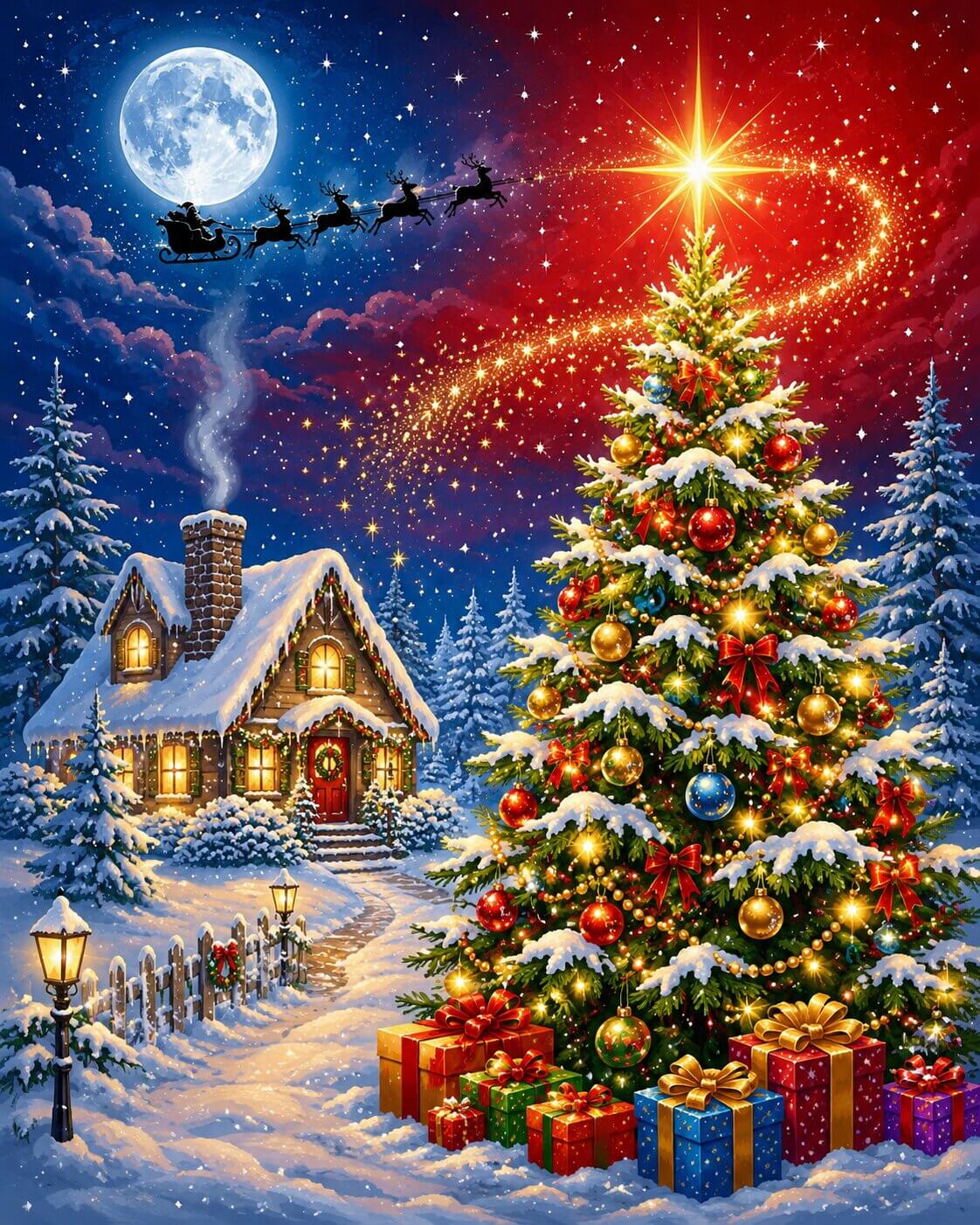 A festive Christmas night scene with a snow-covered cabin, a large decorated Christmas tree, wrapped gift boxes at its base, Santa flying in the sky, and a bright starry moonlit sky. Christmas Magic - Diamond Painting