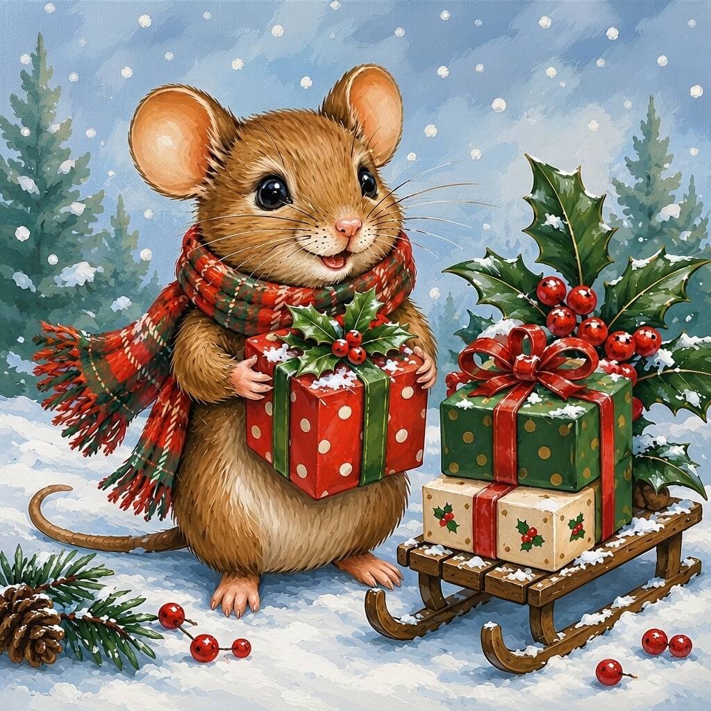 A festive Christmas illustration of a small brown mouse wearing a red plaid scarf, holding a red gift box with white polka dots. To its right is a wooden sled carrying two more wrapped presents, with holly leaves, pinecones, and snow in the background. Christmas Mouse - Diamond Painting