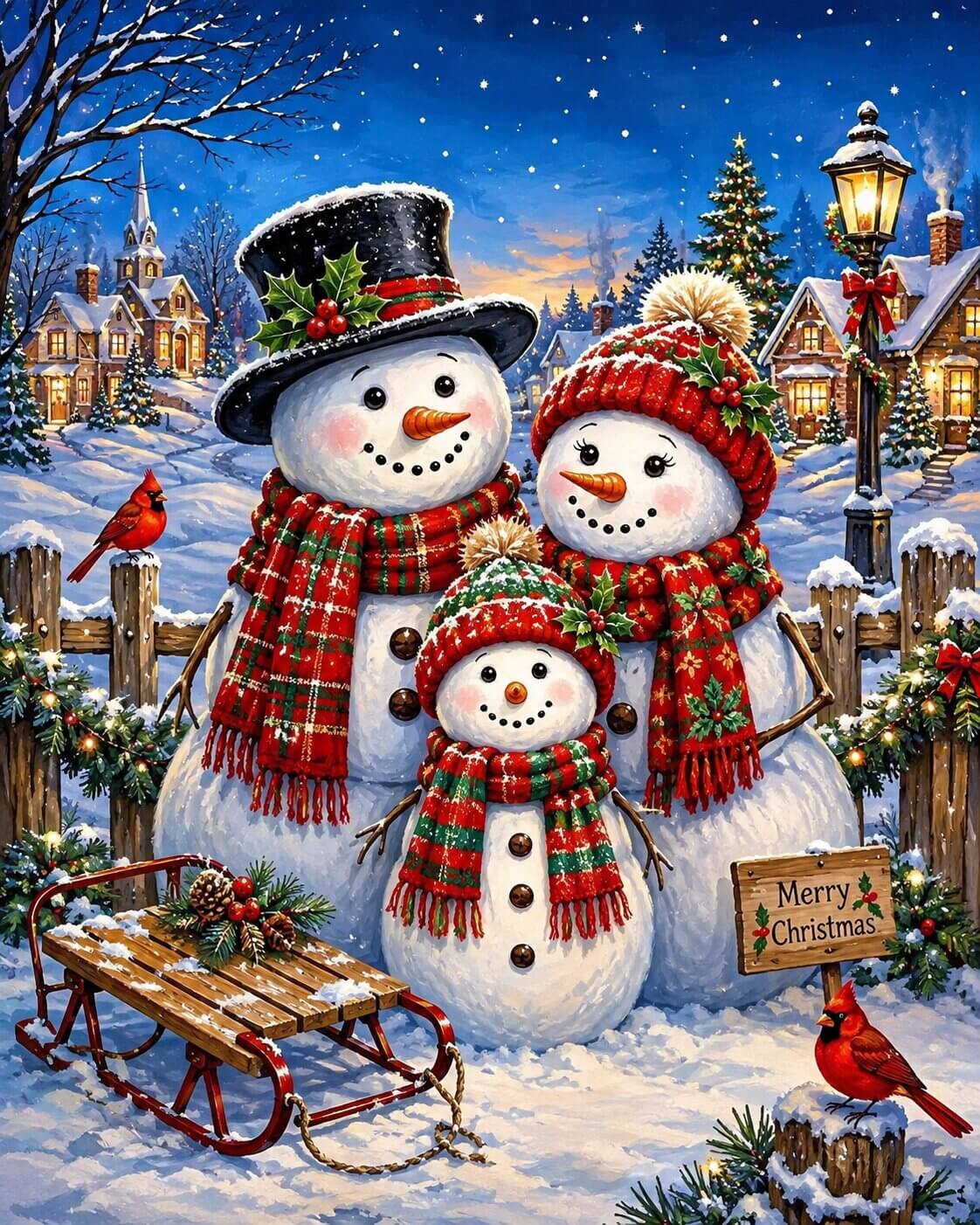 A festive Christmas winter scene with three snowman wearing red and green plaid scarves and hats, standing in a snowy village at night under a blue starry sky. A wooden sledding cart, lantern, fence, houses, and two red cardinals are visible. Christmas Snowman Family - Diamond Painting