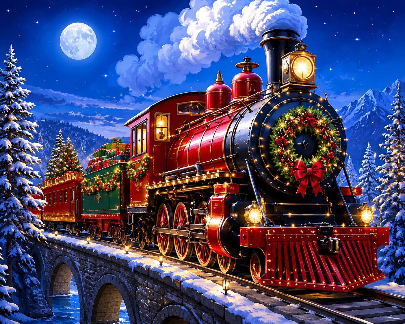 A festive Christmas steam train traveling on tracks over a snowy stone bridge at night, with snow-covered pine trees, mountains, and a full moon in the background. Christmas Train - Diamond Painting