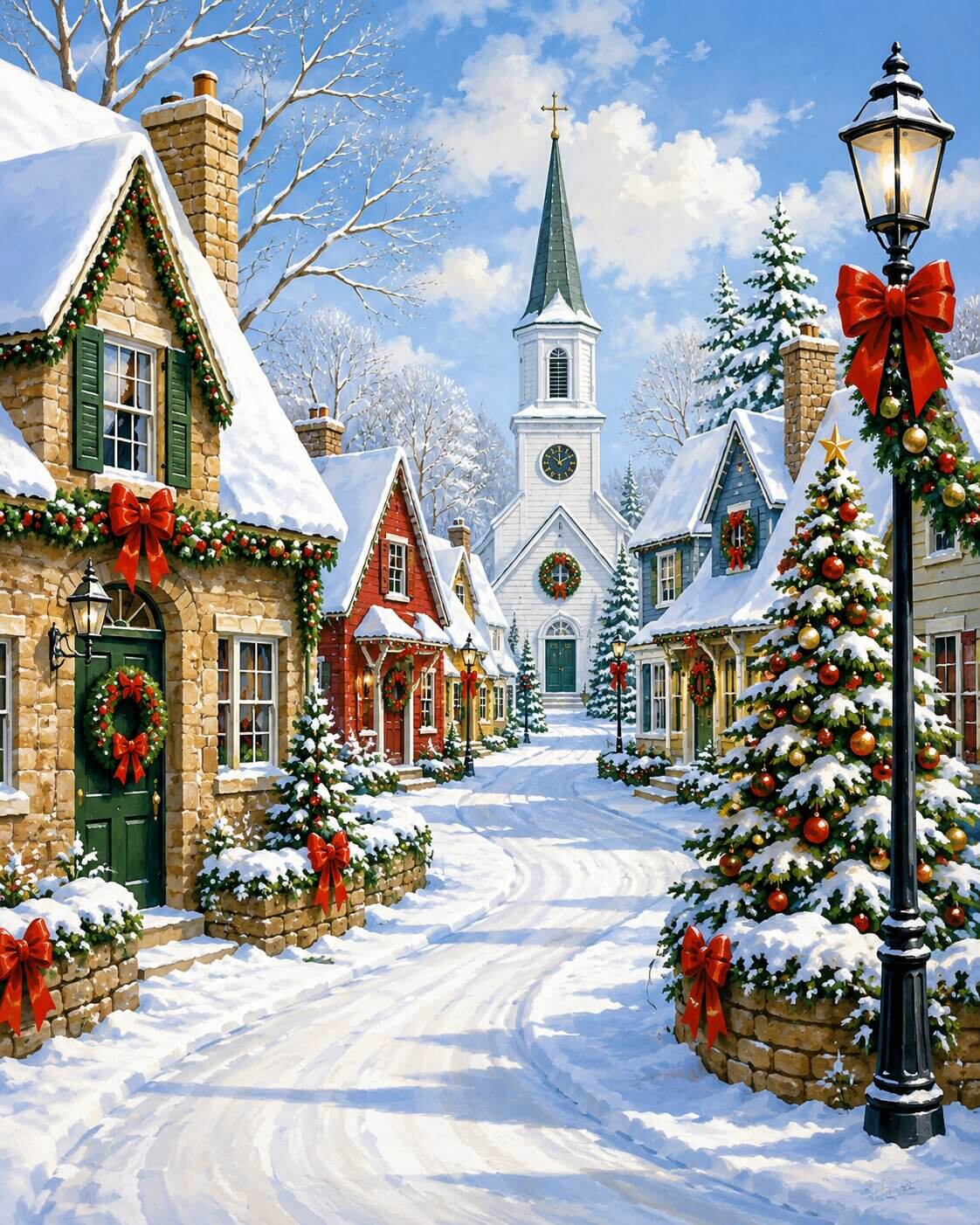 A festive snowy village street scene with decorated stone houses, a white church steeple, snow-covered trees, red bows, wreaths, and a lit black street lamp under a blue sky. Christmas in Village - Diamond Painting