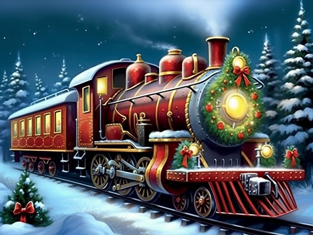 A festive Christmas steam locomotive train traveling through a snowy night landscape, decorated with a green wreath, red bows, and warm glowing windows. Christmas Train - Diamond Painting
