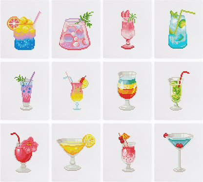 Grid of colorful cocktail illustrations on a white background. Cocktails - Mini Diamond Painting 12 pcs
