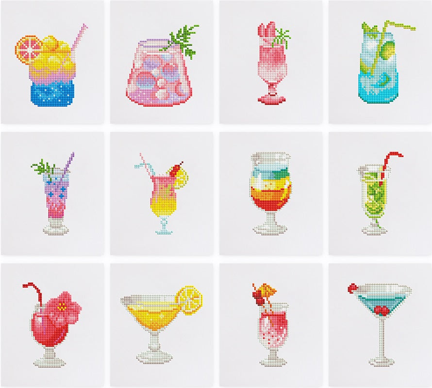Grid of colorful cocktail illustrations on a white background. Cocktails - Mini Diamond Painting 12 pcs