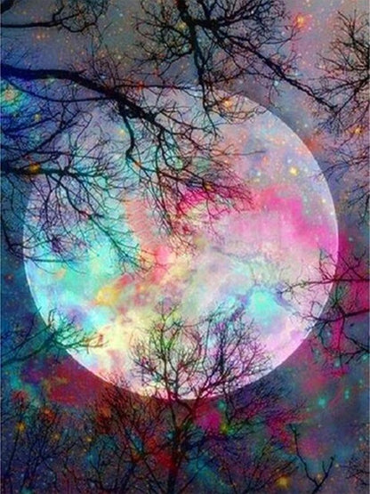 Colorful moon diamond painting with glowing galaxy moon and dark tree silhouettes