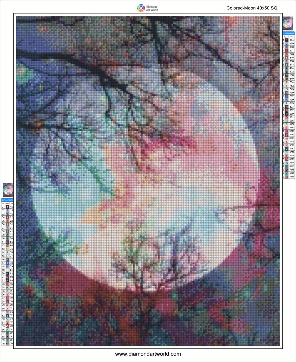 Colorful diamond art of a moon and tree with software interface elements. Colored Moon - Diamond Painting Layout