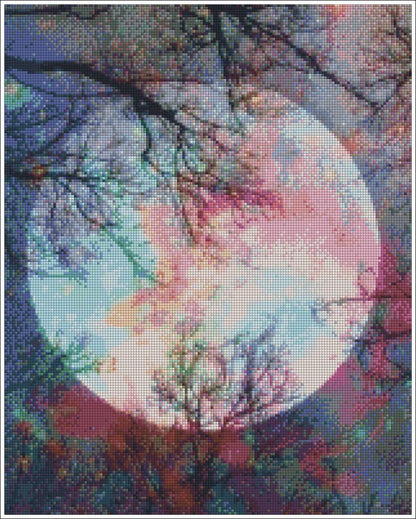 Abstract digital art with a large moon and tree silhouettes. Colored Moon - Diamond art