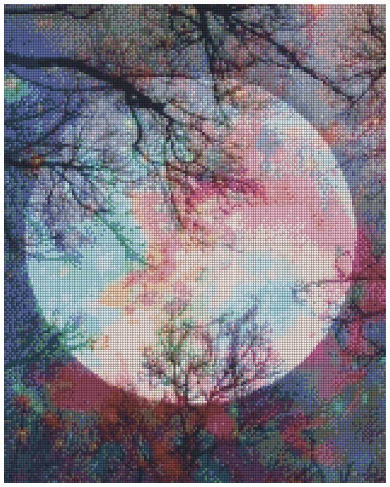 Abstract digital art with a large moon and tree silhouettes. Colored Moon - Diamond art