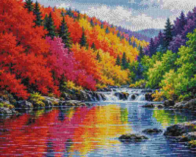 A colorful autumn landscape artwork showing a river with a small waterfall, surrounded by hillsides covered in red, orange, yellow, green, and purple trees under a pale sky. Colored Trees - Diamond Art