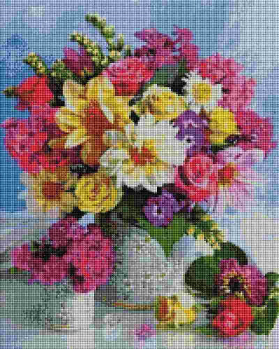 A colorful floral bouquet arrangement in a white vase, featuring pink, yellow, white, and purple flowers with green leaves, set against a soft blue background. Colorful Flowers Bouquet in Vase - Diamond Art