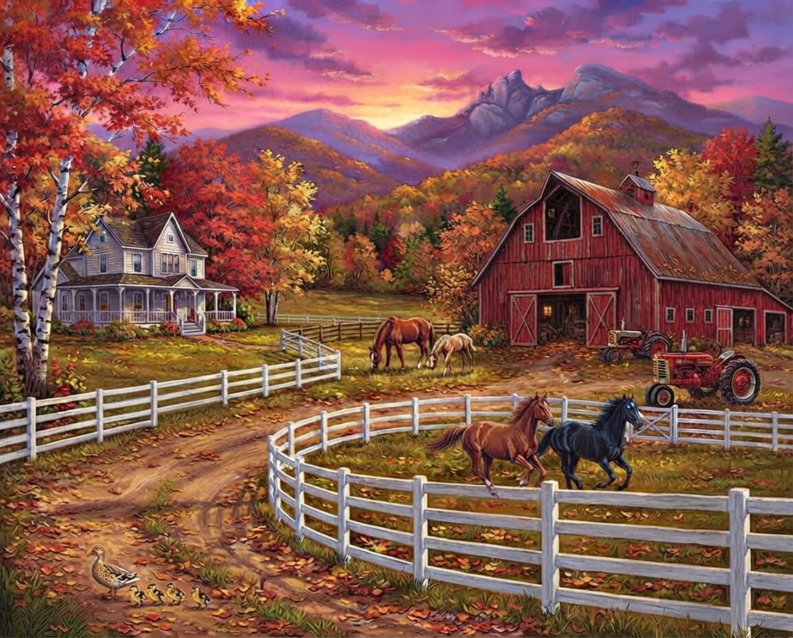 A colorful autumn farm landscape painting featuring a red barn, white fences, horses in a paddock, a farmhouse, mountains, and a dramatic pink and orange sunset sky. Countryside Farm - Diamond Painting