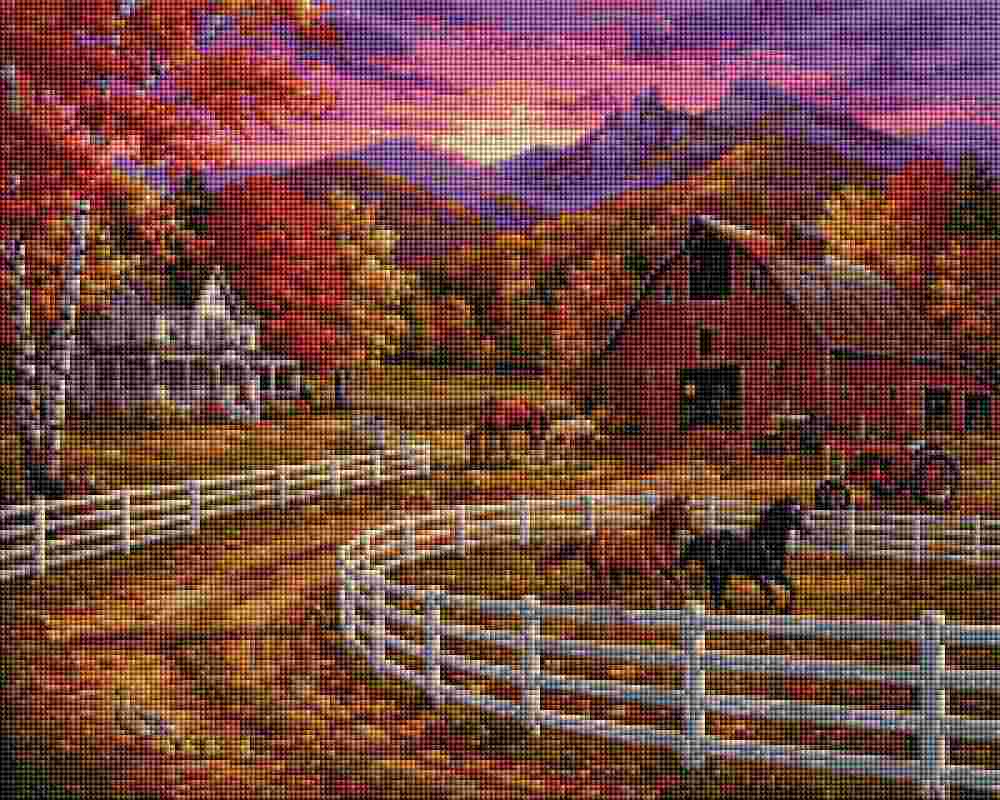 A digital painting of a rural autumn landscape with a red barn, white fences, horses, trees in fall colors, and mountains under a pink and purple sky. Countryside Farm - Diamond Art