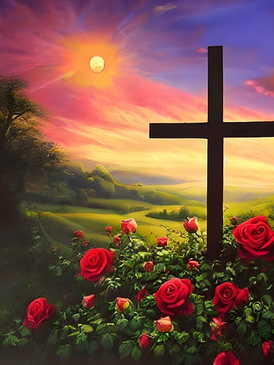 Cross and red roses in a scenic landscape with a colorful sky. Cross in Roses - Diamond Painting