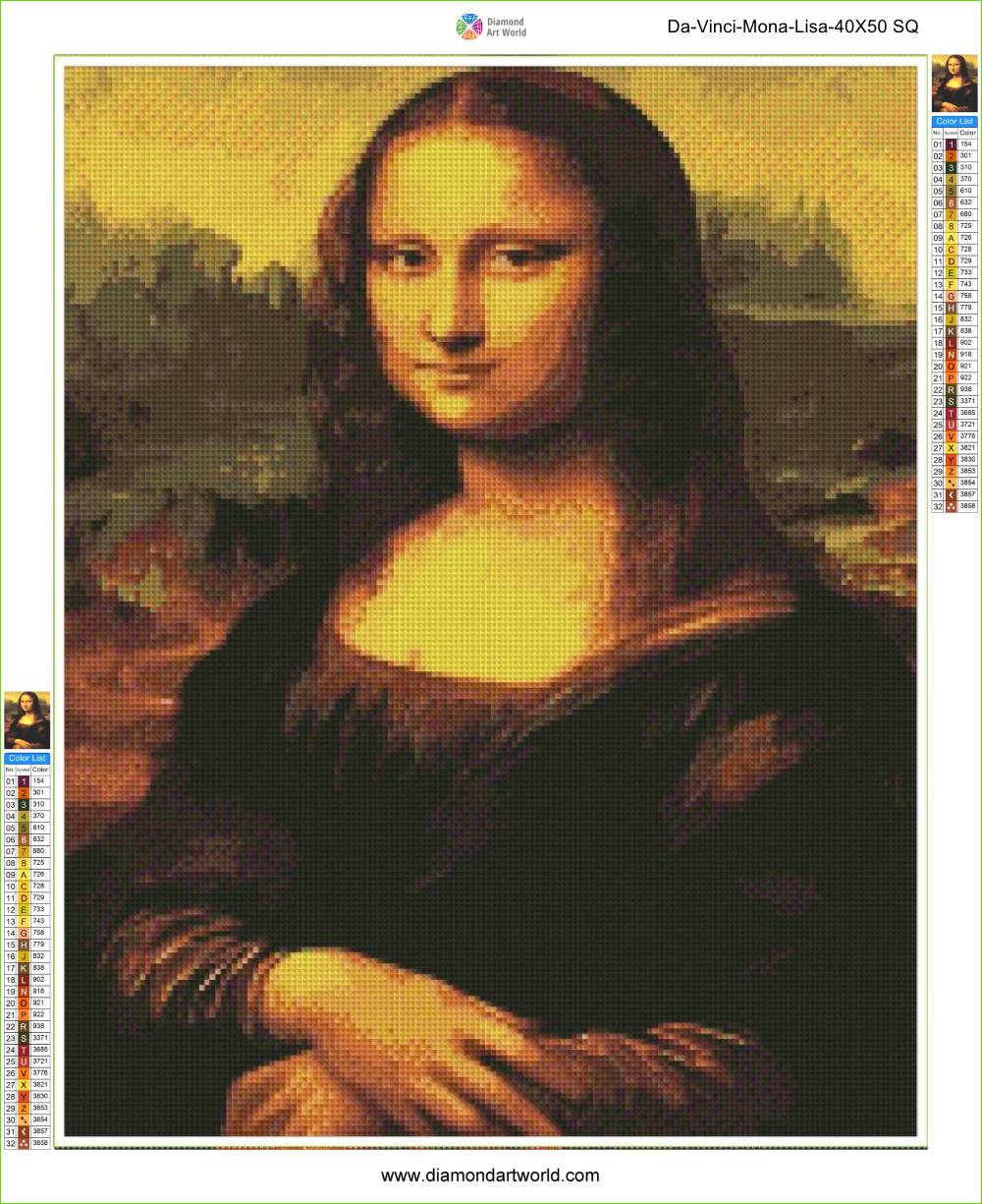 Mona Lisa diamond painting with a grid overlay and color swatch panel. Da Vinci Mona Lisa - Diamond Painting Layout